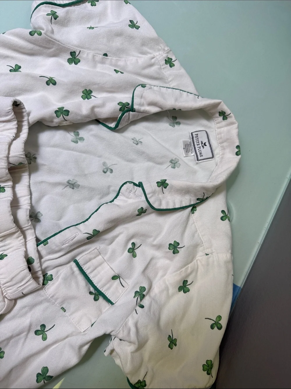 Petite Plume Cream Kids Pajama Set with Green Clover Print